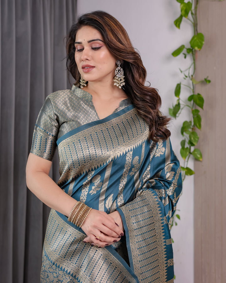 Teal Blue Pure Kanjivaram Silk Saree with Gold Zari Striped Pallu & Intricate Floral Weave | 5.5m Saree + 0.8m Brocade Blouse