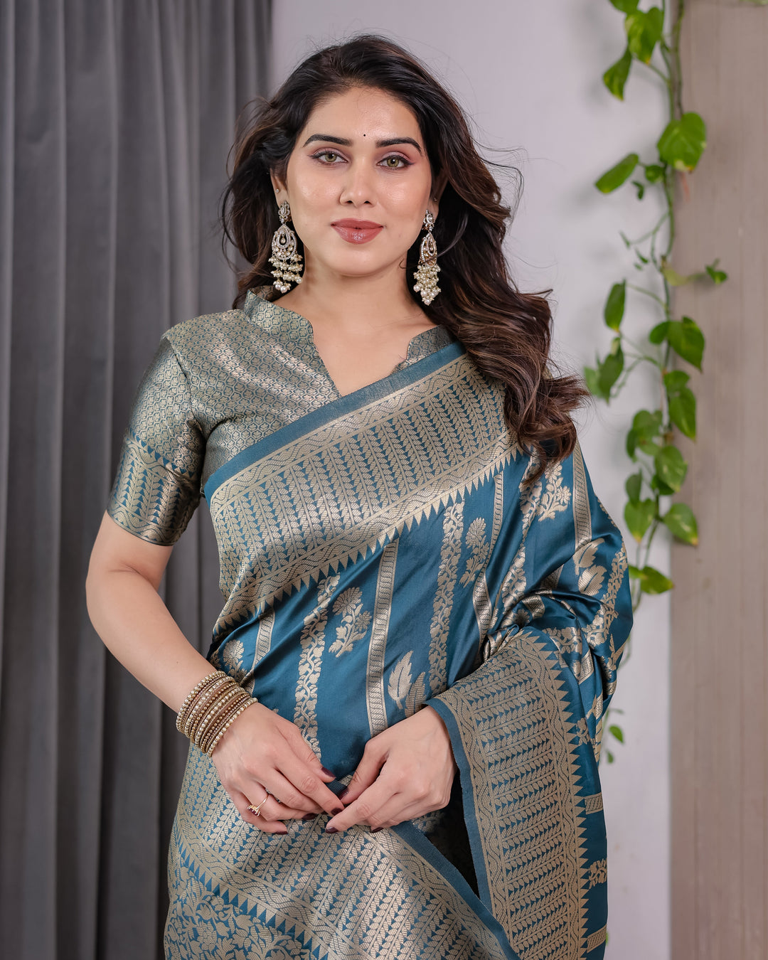 Teal Blue Pure Kanjivaram Silk Saree with Gold Zari Striped Pallu & Intricate Floral Weave | 5.5m Saree + 0.8m Brocade Blouse