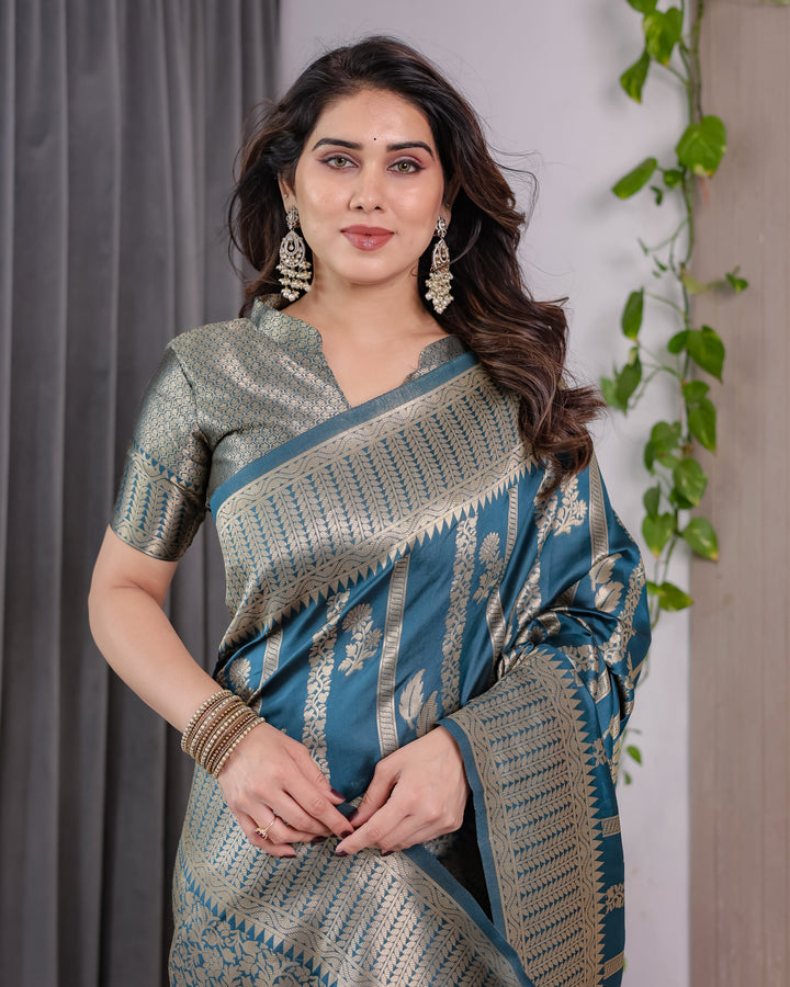 Teal Blue Pure Kanjivaram Silk Saree with Gold Zari Striped Pallu & Intricate Floral Weave | 5.5m Saree + 0.8m Brocade Blouse