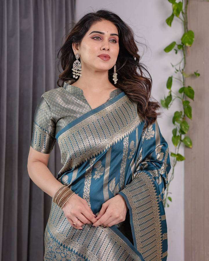 Teal Blue Pure Kanjivaram Silk Saree with Gold Zari Striped Pallu & Intricate Floral Weave | 5.5m Saree + 0.8m Brocade Blouse