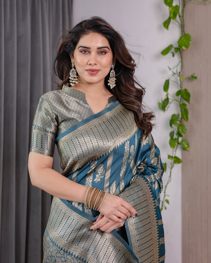 Teal Blue Pure Kanjivaram Silk Saree with Gold Zari Striped Pallu & Intricate Floral Weave | 5.5m Saree + 0.8m Brocade Blouse