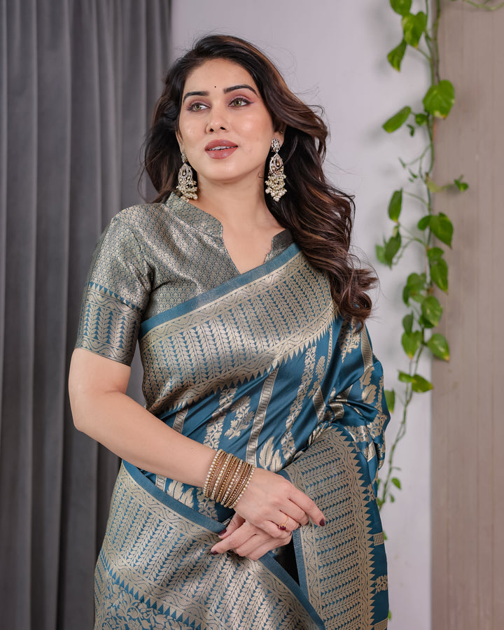 Teal Blue Pure Kanjivaram Silk Saree with Gold Zari Striped Pallu & Intricate Floral Weave | 5.5m Saree + 0.8m Brocade Blouse