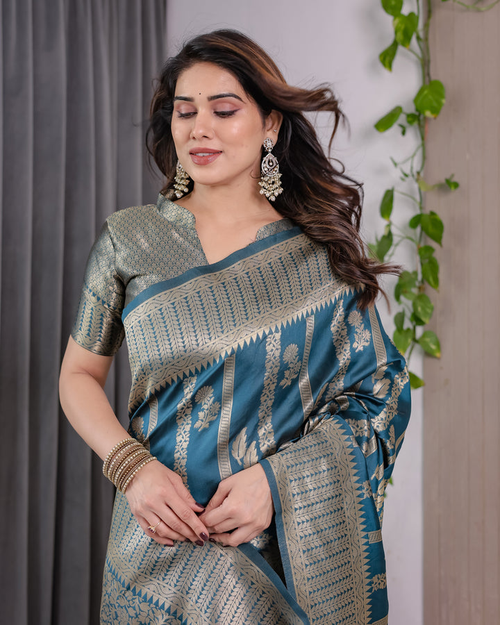Teal Blue Pure Kanjivaram Silk Saree with Gold Zari Striped Pallu & Intricate Floral Weave | 5.5m Saree + 0.8m Brocade Blouse