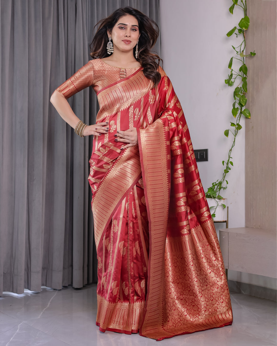 Classic Red Pure Kanjivaram Silk Saree with Rich Zari Floral Striped Pallu & Brocade Border | 5.5m Saree + 0.8m Blouse Piece