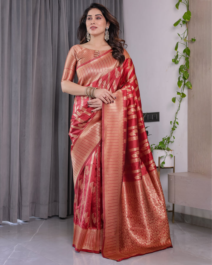 Classic Red Pure Kanjivaram Silk Saree with Rich Zari Floral Striped Pallu & Brocade Border | 5.5m Saree + 0.8m Blouse Piece