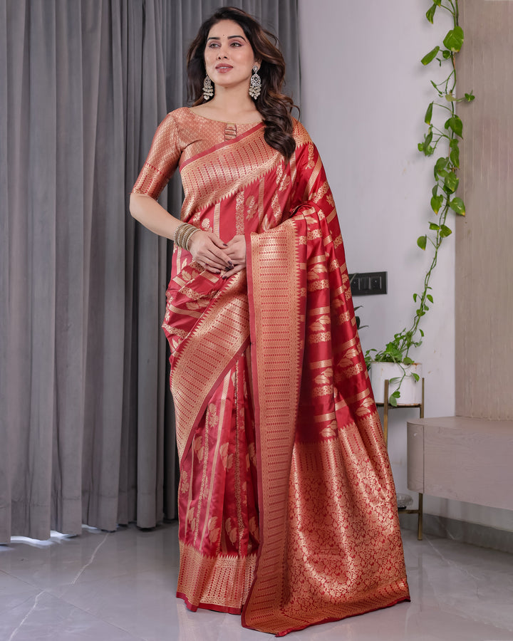 Classic Red Pure Kanjivaram Silk Saree with Rich Zari Floral Striped Pallu & Brocade Border | 5.5m Saree + 0.8m Blouse Piece