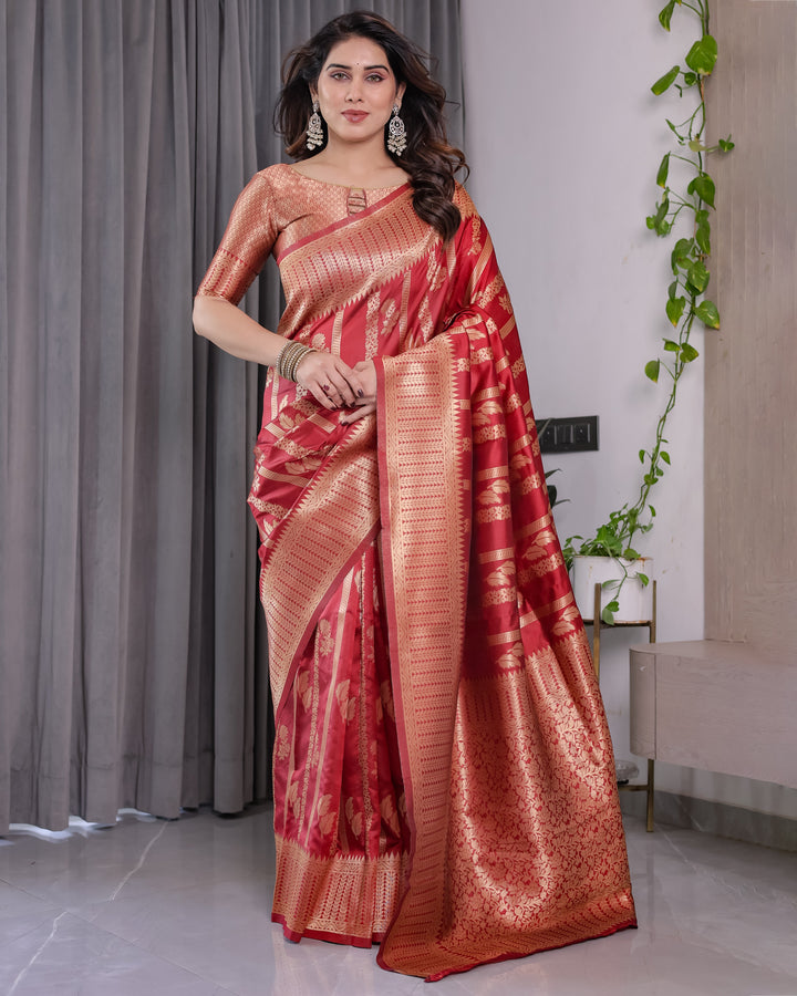 Classic Red Pure Kanjivaram Silk Saree with Rich Zari Floral Striped Pallu & Brocade Border | 5.5m Saree + 0.8m Blouse Piece