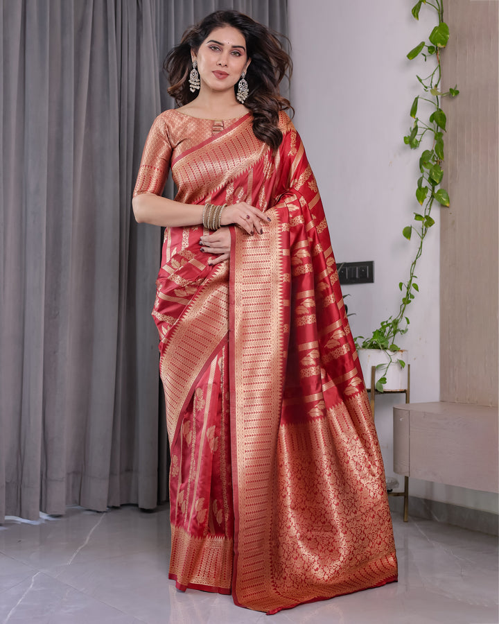Classic Red Pure Kanjivaram Silk Saree with Rich Zari Floral Striped Pallu & Brocade Border | 5.5m Saree + 0.8m Blouse Piece