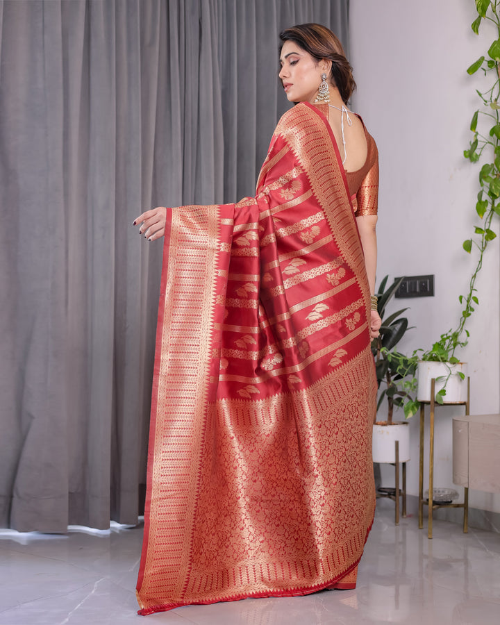 Classic Red Pure Kanjivaram Silk Saree with Rich Zari Floral Striped Pallu & Brocade Border | 5.5m Saree + 0.8m Blouse Piece