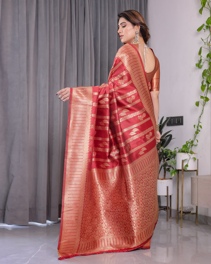 Classic Red Pure Kanjivaram Silk Saree with Rich Zari Floral Striped Pallu & Brocade Border | 5.5m Saree + 0.8m Blouse Piece