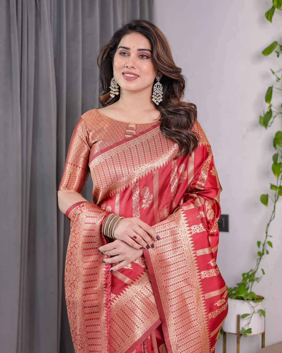 Classic Red Pure Kanjivaram Silk Saree with Rich Zari Floral Striped Pallu & Brocade Border | 5.5m Saree + 0.8m Blouse Piece