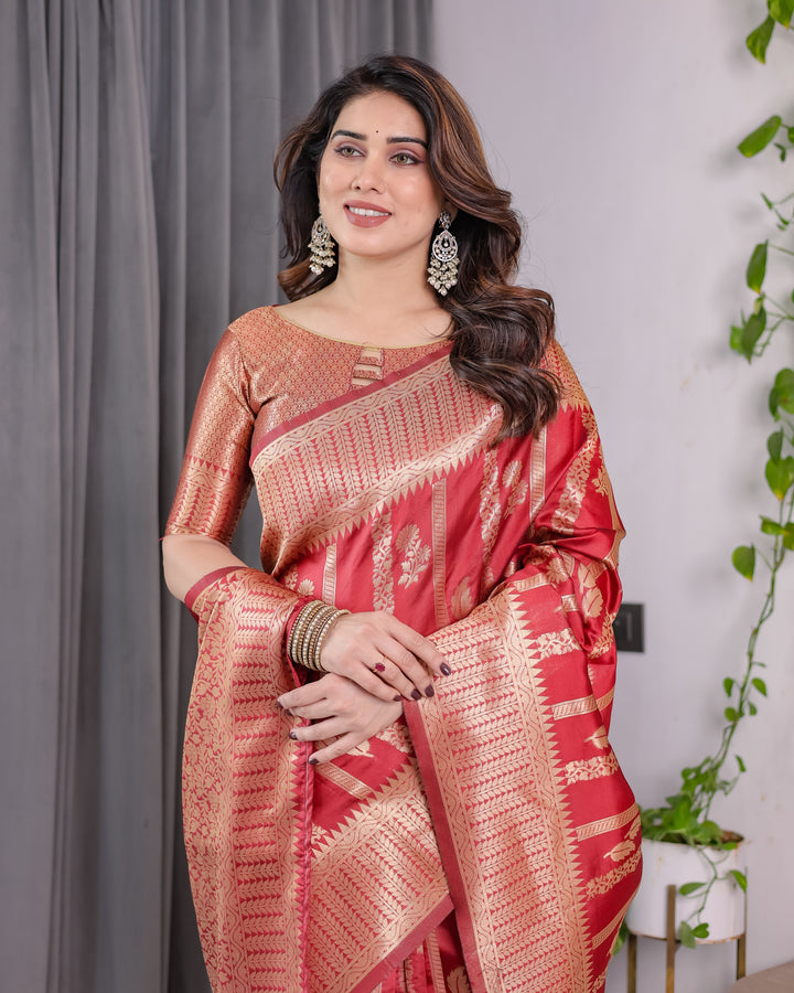 Classic Red Pure Kanjivaram Silk Saree with Rich Zari Floral Striped Pallu & Brocade Border | 5.5m Saree + 0.8m Blouse Piece