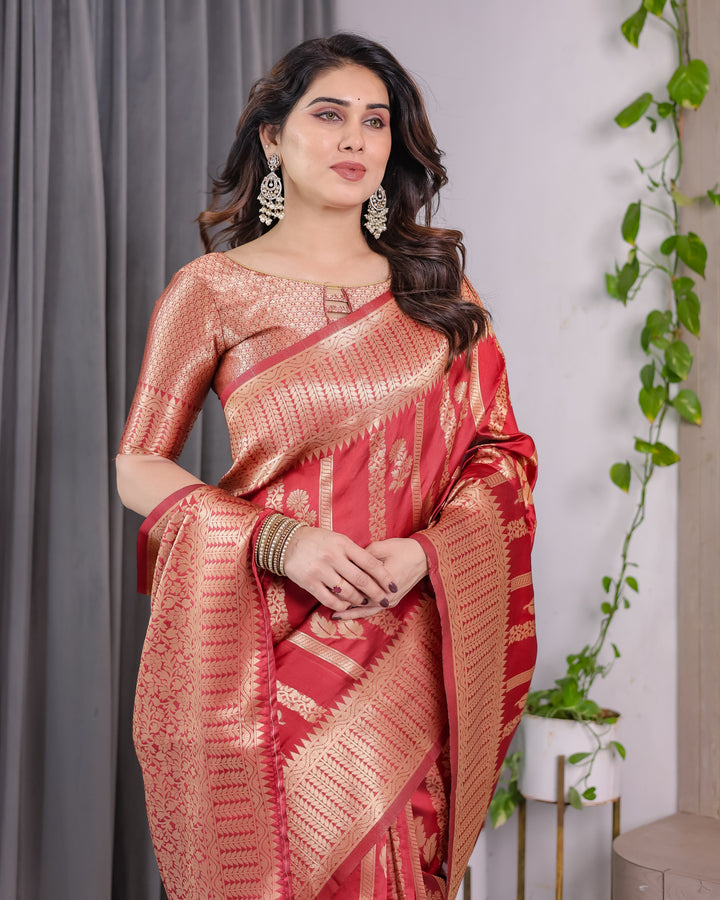 Classic Red Pure Kanjivaram Silk Saree with Rich Zari Floral Striped Pallu & Brocade Border | 5.5m Saree + 0.8m Blouse Piece