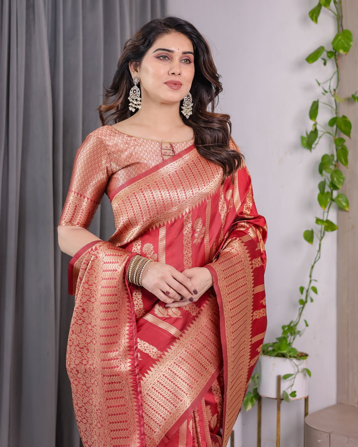 Classic Red Pure Kanjivaram Silk Saree with Rich Zari Floral Striped Pallu & Brocade Border | 5.5m Saree + 0.8m Blouse Piece