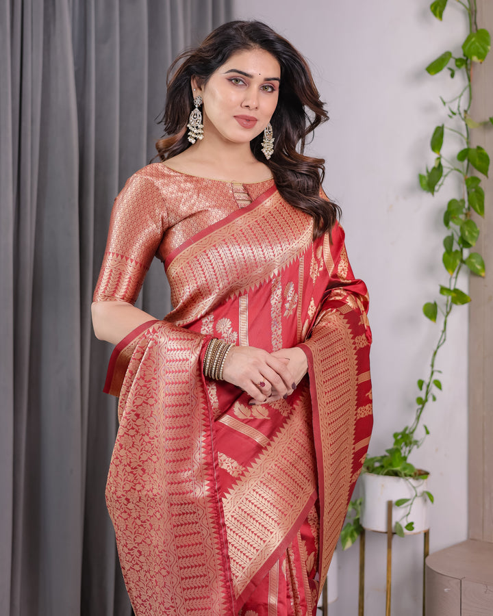 Classic Red Pure Kanjivaram Silk Saree with Rich Zari Floral Striped Pallu & Brocade Border | 5.5m Saree + 0.8m Blouse Piece