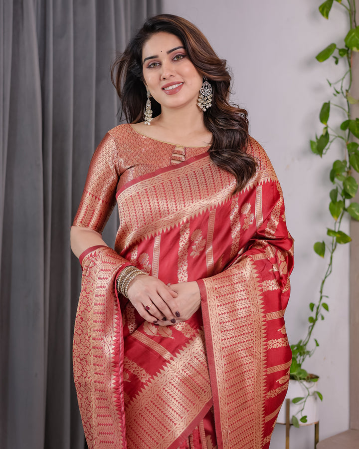 Classic Red Pure Kanjivaram Silk Saree with Rich Zari Floral Striped Pallu & Brocade Border | 5.5m Saree + 0.8m Blouse Piece