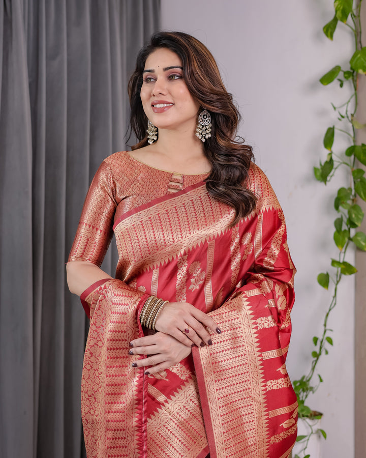 Classic Red Pure Kanjivaram Silk Saree with Rich Zari Floral Striped Pallu & Brocade Border | 5.5m Saree + 0.8m Blouse Piece