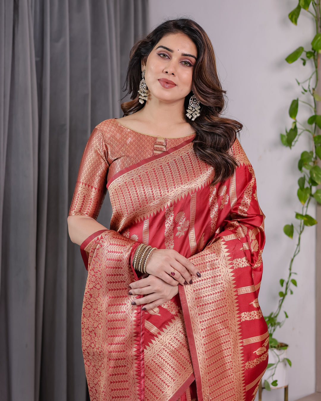 Classic Red Pure Kanjivaram Silk Saree with Rich Zari Floral Striped Pallu & Brocade Border | 5.5m Saree + 0.8m Blouse Piece