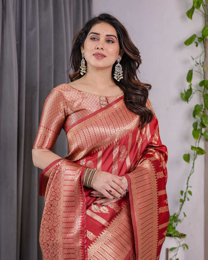 Classic Red Pure Kanjivaram Silk Saree with Rich Zari Floral Striped Pallu & Brocade Border | 5.5m Saree + 0.8m Blouse Piece