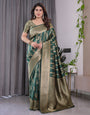 Forest Green Pure Kanjivaram Silk Saree with Gold Striped Floral Pallu & Heavy Zari Border | 5.5m Saree + 0.8m Jacquard Blouse Piece