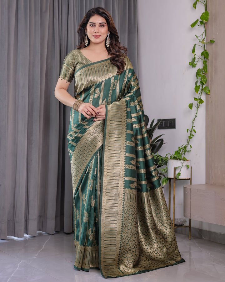 Forest Green Pure Kanjivaram Silk Saree with Gold Striped Floral Pallu & Heavy Zari Border | 5.5m Saree + 0.8m Jacquard Blouse Piece
