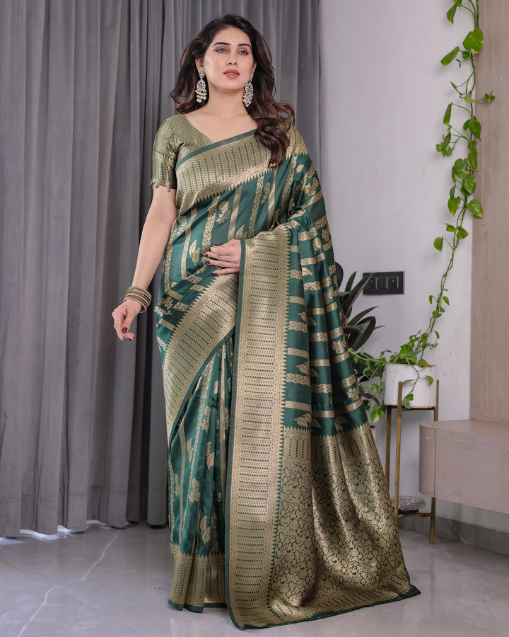 Forest Green Pure Kanjivaram Silk Saree with Gold Striped Floral Pallu & Heavy Zari Border | 5.5m Saree + 0.8m Jacquard Blouse Piece