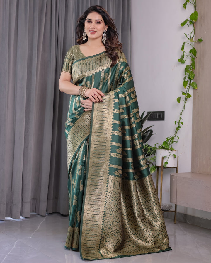 Forest Green Pure Kanjivaram Silk Saree with Gold Striped Floral Pallu & Heavy Zari Border | 5.5m Saree + 0.8m Jacquard Blouse Piece