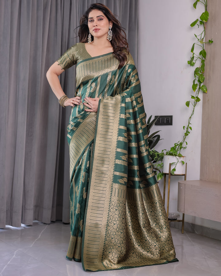 Forest Green Pure Kanjivaram Silk Saree with Gold Striped Floral Pallu & Heavy Zari Border | 5.5m Saree + 0.8m Jacquard Blouse Piece