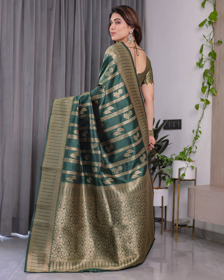 Forest Green Pure Kanjivaram Silk Saree with Gold Striped Floral Pallu & Heavy Zari Border | 5.5m Saree + 0.8m Jacquard Blouse Piece