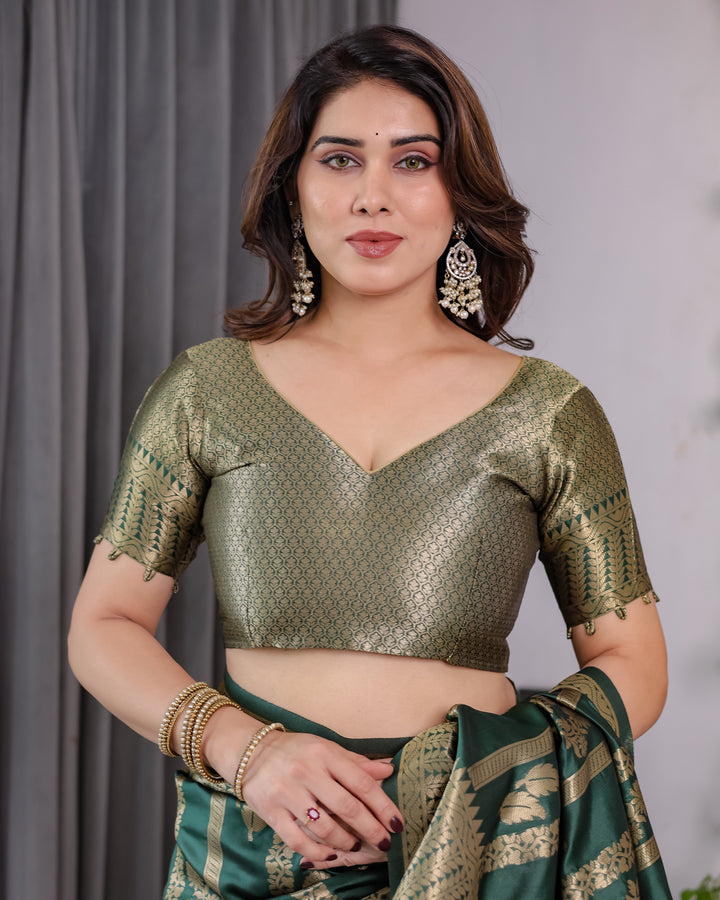 Forest Green Pure Kanjivaram Silk Saree with Gold Striped Floral Pallu & Heavy Zari Border | 5.5m Saree + 0.8m Jacquard Blouse Piece