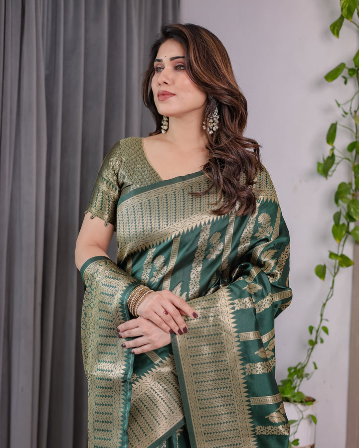 Forest Green Pure Kanjivaram Silk Saree with Gold Striped Floral Pallu & Heavy Zari Border | 5.5m Saree + 0.8m Jacquard Blouse Piece