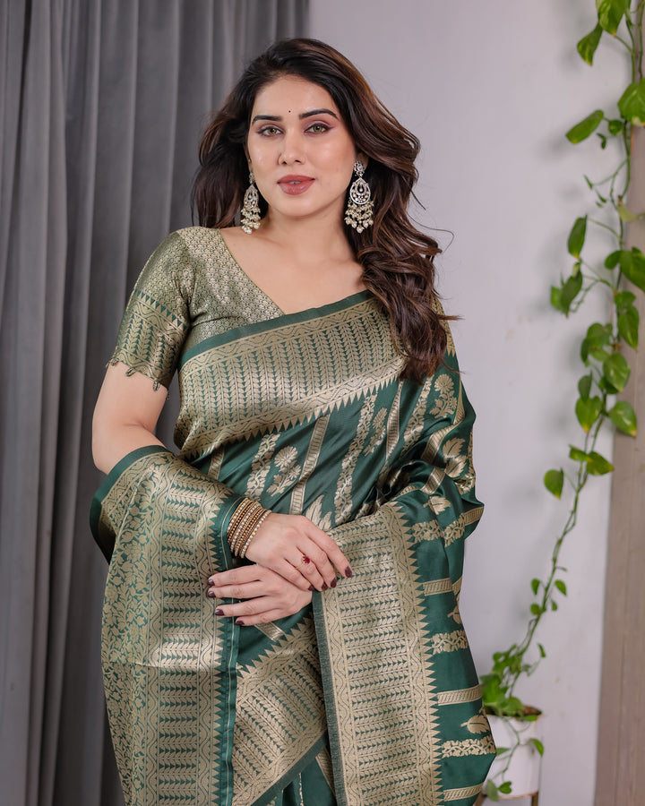 Forest Green Pure Kanjivaram Silk Saree with Gold Striped Floral Pallu & Heavy Zari Border | 5.5m Saree + 0.8m Jacquard Blouse Piece