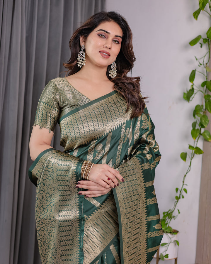 Forest Green Pure Kanjivaram Silk Saree with Gold Striped Floral Pallu & Heavy Zari Border | 5.5m Saree + 0.8m Jacquard Blouse Piece