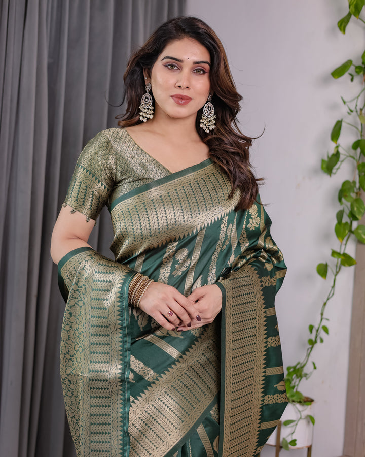 Forest Green Pure Kanjivaram Silk Saree with Gold Striped Floral Pallu & Heavy Zari Border | 5.5m Saree + 0.8m Jacquard Blouse Piece