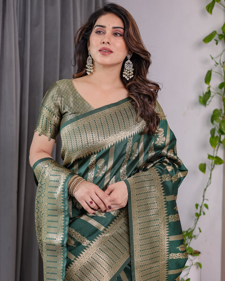 Forest Green Pure Kanjivaram Silk Saree with Gold Striped Floral Pallu & Heavy Zari Border | 5.5m Saree + 0.8m Jacquard Blouse Piece