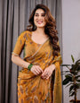 Mustard Yellow Fendy Chiffon Saree with Foil & Block Print, Tassels, and Attached Blouse