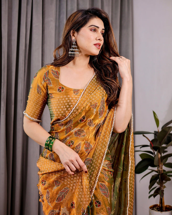 Mustard Yellow Fendy Chiffon Saree with Foil & Block Print, Tassels, and Attached Blouse