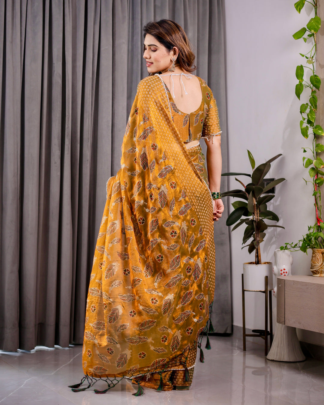 Mustard Yellow Fendy Chiffon Saree with Foil & Block Print, Tassels, and Attached Blouse