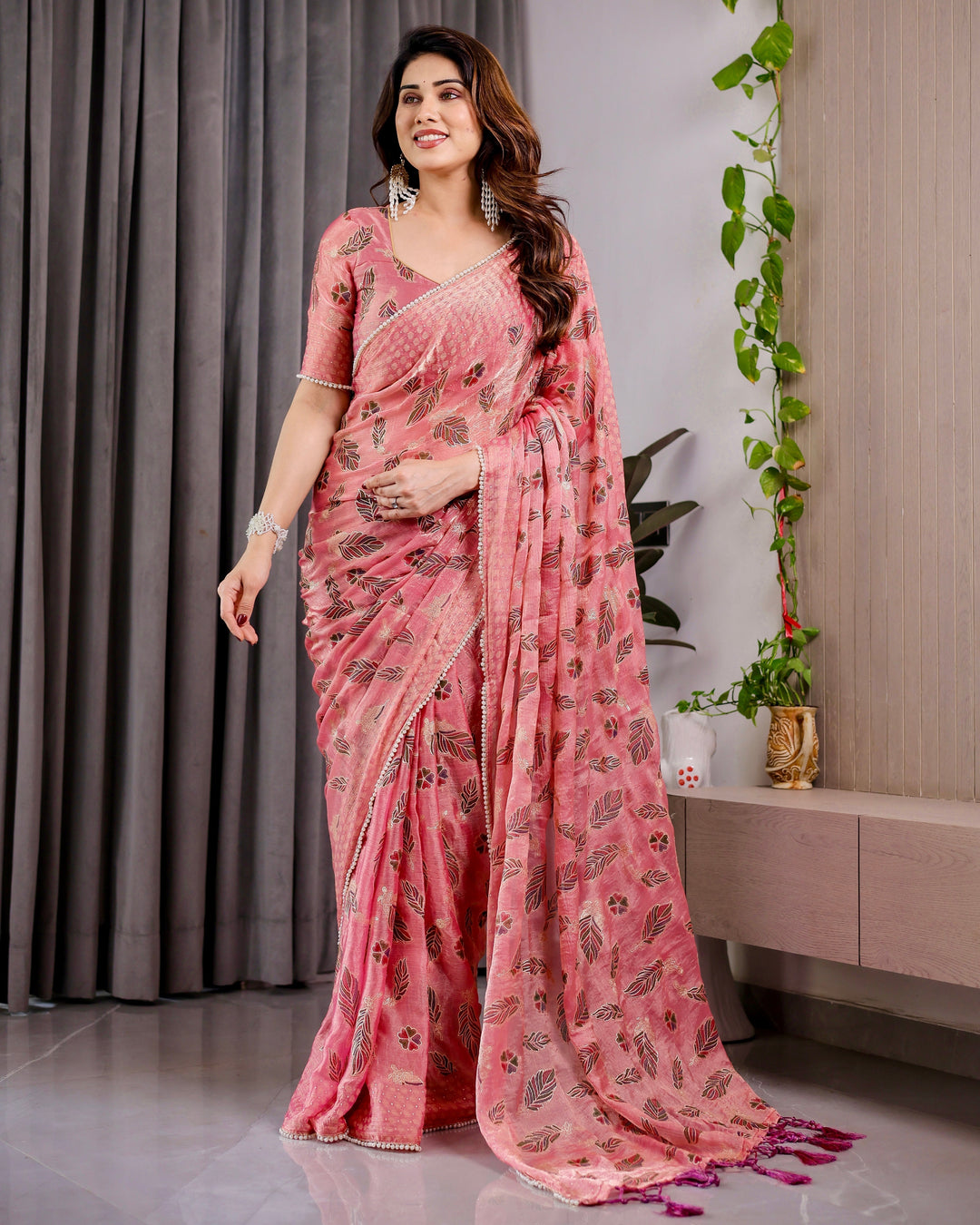 Blush Pink Fendy Chiffon Saree with Foil & Block Prints, Pearl Lace Border & Tassels