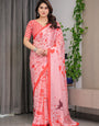 Blush Pink & Coral Red Heart Print Satin Georgette Saree with Romantic Love Typography Pallu and Attached Striped Blouse – 5.5 Meter Designer Saree for Valentine’s Day & Anniversary Wear