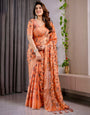 Sunset Orange Fendy Chiffon Saree with Foil & Block Print, Tassel Detail & Pearl Border