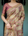 Cream & Maroon Handloom Cotton Saree with Deer Pallu and Blocked Peacock Motifs