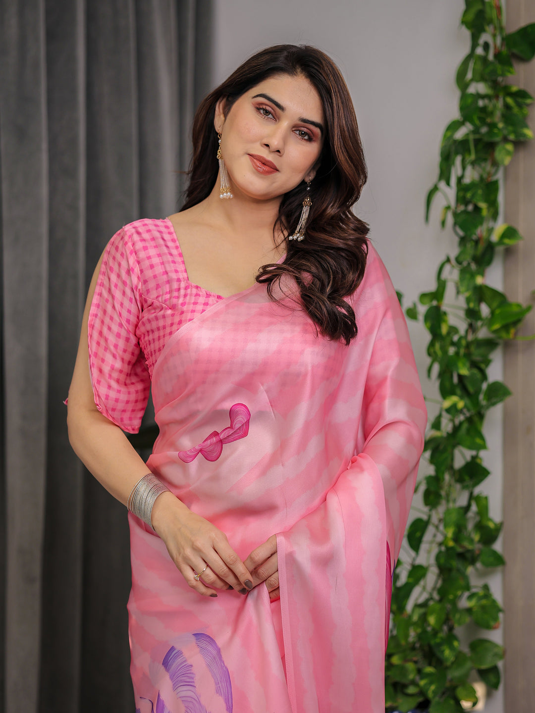 Soft Blush Pink Satin Georgette Saree with Abstract Stripe Texture, Heart Motifs and Attached Pink Checkered Blouse – 5.5 Meter Romantic Designer Saree for Valentine’s Day & Anniversary Wear