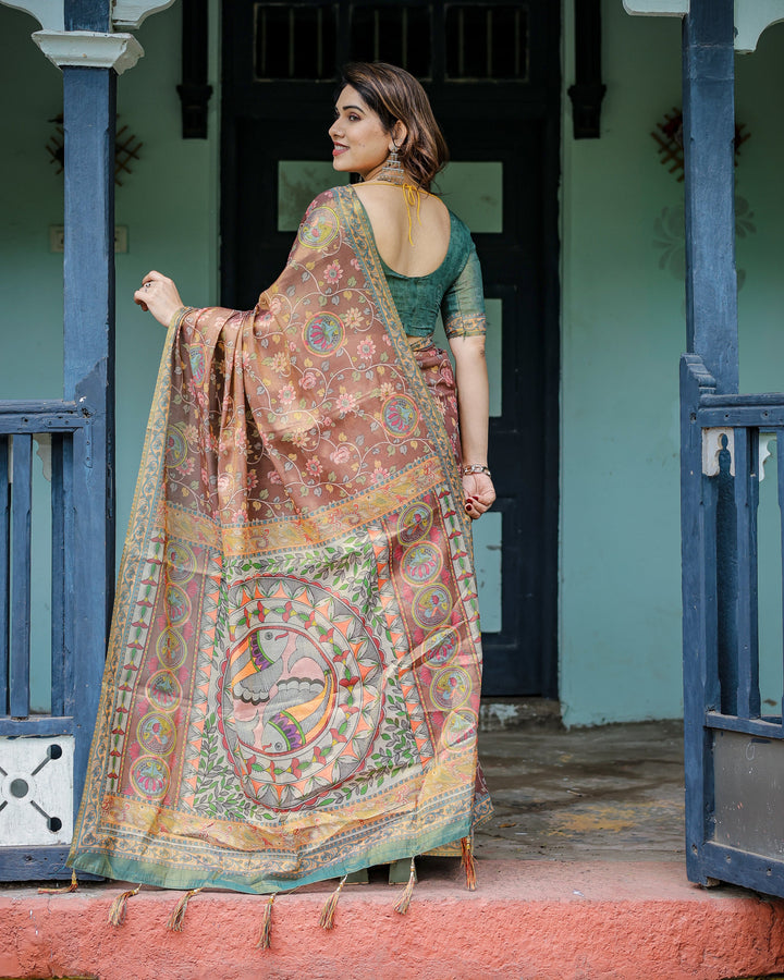 Rust Red Handloom Cotton Saree with Madhubani Fish Art & Floral Motifs – Contrast Blouse