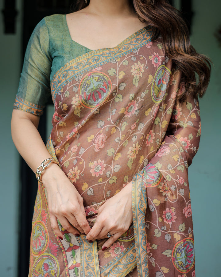 Rust Red Handloom Cotton Saree with Madhubani Fish Art & Floral Motifs – Contrast Blouse