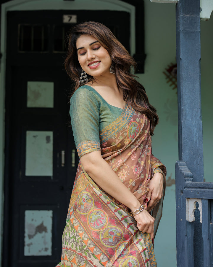 Rust Red Handloom Cotton Saree with Madhubani Fish Art & Floral Motifs – Contrast Blouse
