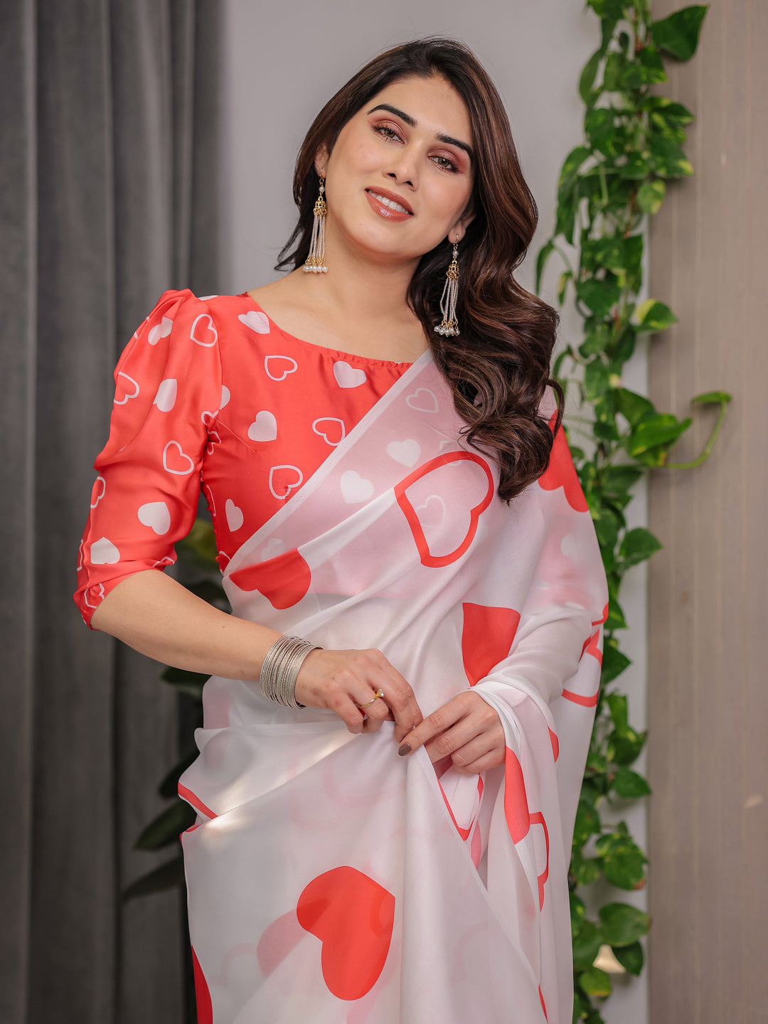 Ivory White Satin Georgette Saree with Bold Red Heart Print and Attached Red Heart Pattern Blouse – 5.5 Meter Romantic Designer Saree for Valentine’s Day & Anniversary Wear