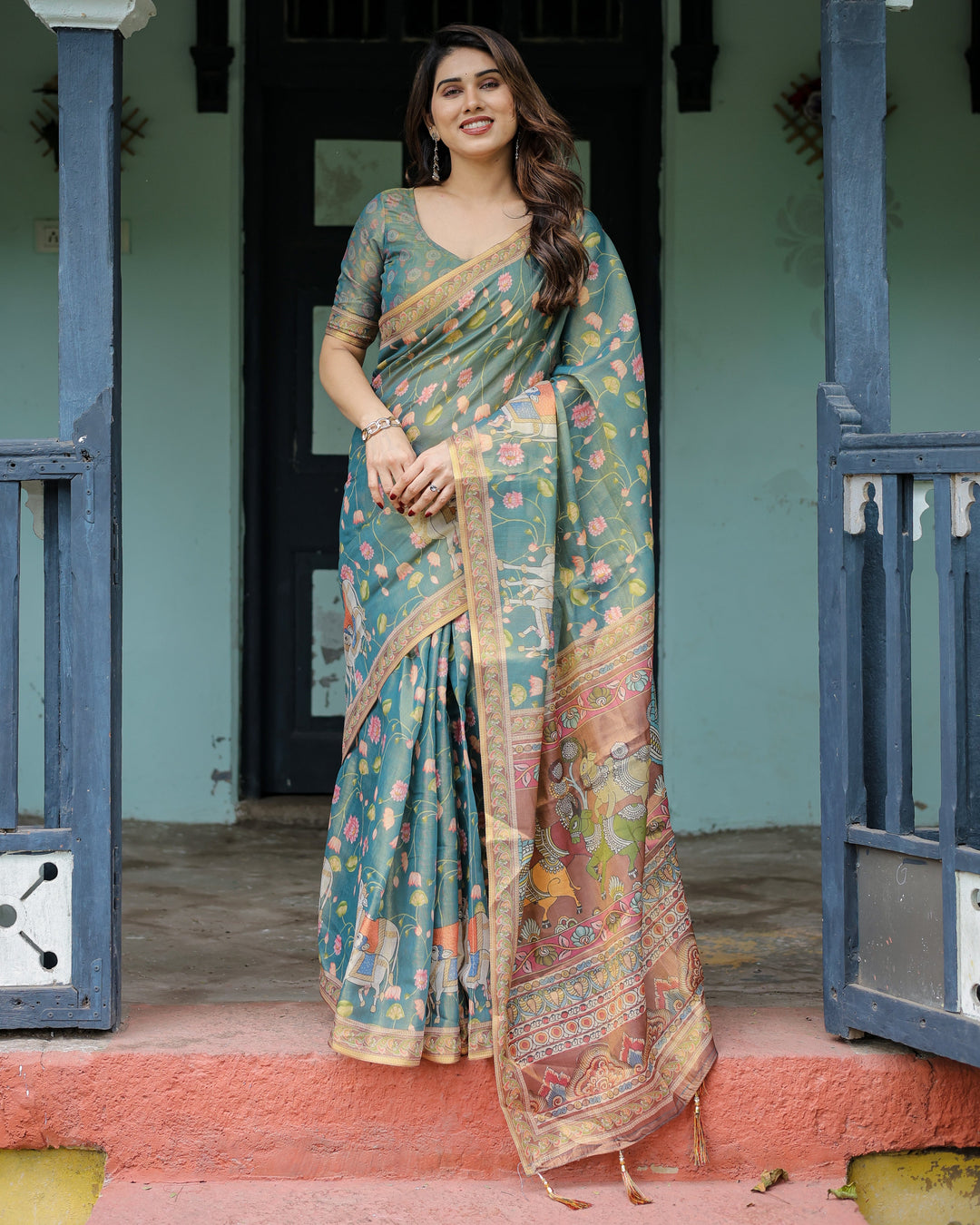 Divine Procession Teal Green Handloom Cotton Saree with Lotus Floral Print & Artistic Pallu