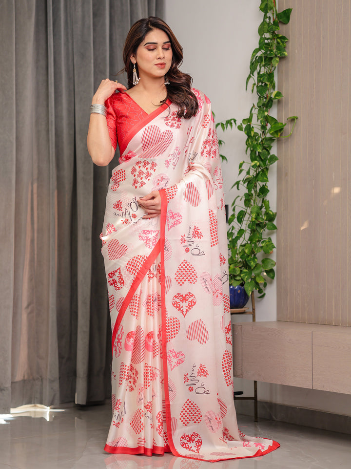 Ivory Pink & Red Love-Themed Satin Georgette Saree with Heart Prints and Romantic Pallu | Attached Blouse
