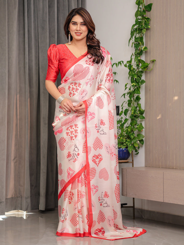 Ivory Pink & Red Love-Themed Satin Georgette Saree with Heart Prints and Romantic Pallu | Attached Blouse